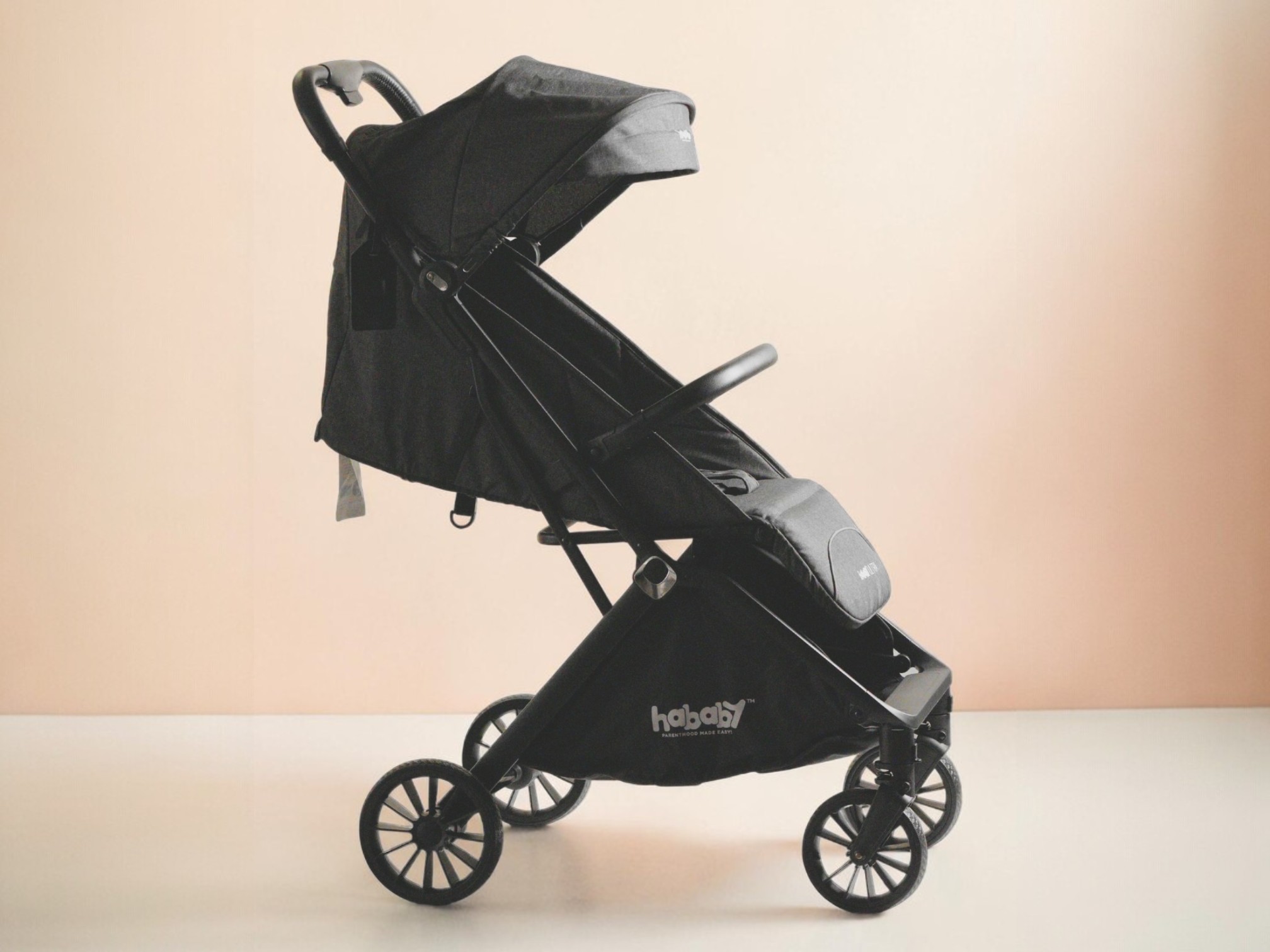 Hababy Ultra baby stroller — lightweight foldable GPS-enabled stroller in black, ₹7,999 in India