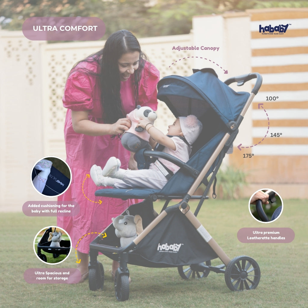 Hababy Ultra with NavBaby GPS | European Certified Baby Pram/Stroller for 0-3 Years (Auto Folding & Standing Stroller)