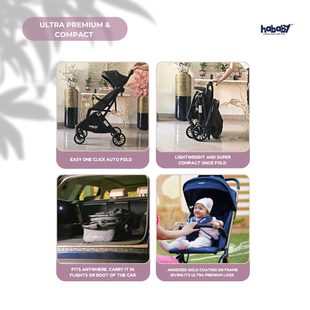 Hababy Ultra with NavBaby GPS | European Certified Baby Pram/Stroller for 0-3 Years (Auto Folding & Standing Stroller)