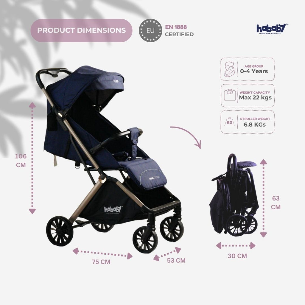 Hababy Ultra with NavBaby GPS | European Certified Baby Pram/Stroller for 0-3 Years (Auto Folding & Standing Stroller)