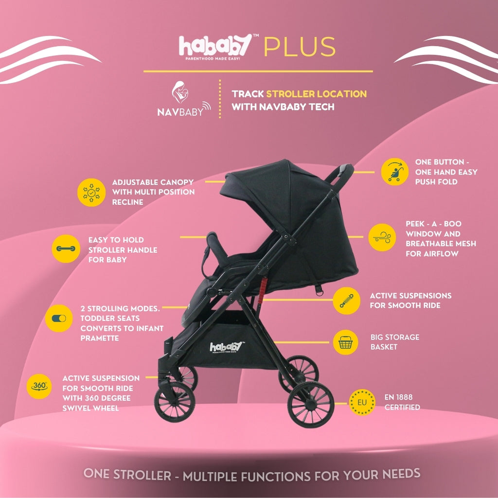 Hababy Plus with NavBaby GPS | European Certified Baby Pram/Stroller for 0-3 Years (Self -Standing Stroller)