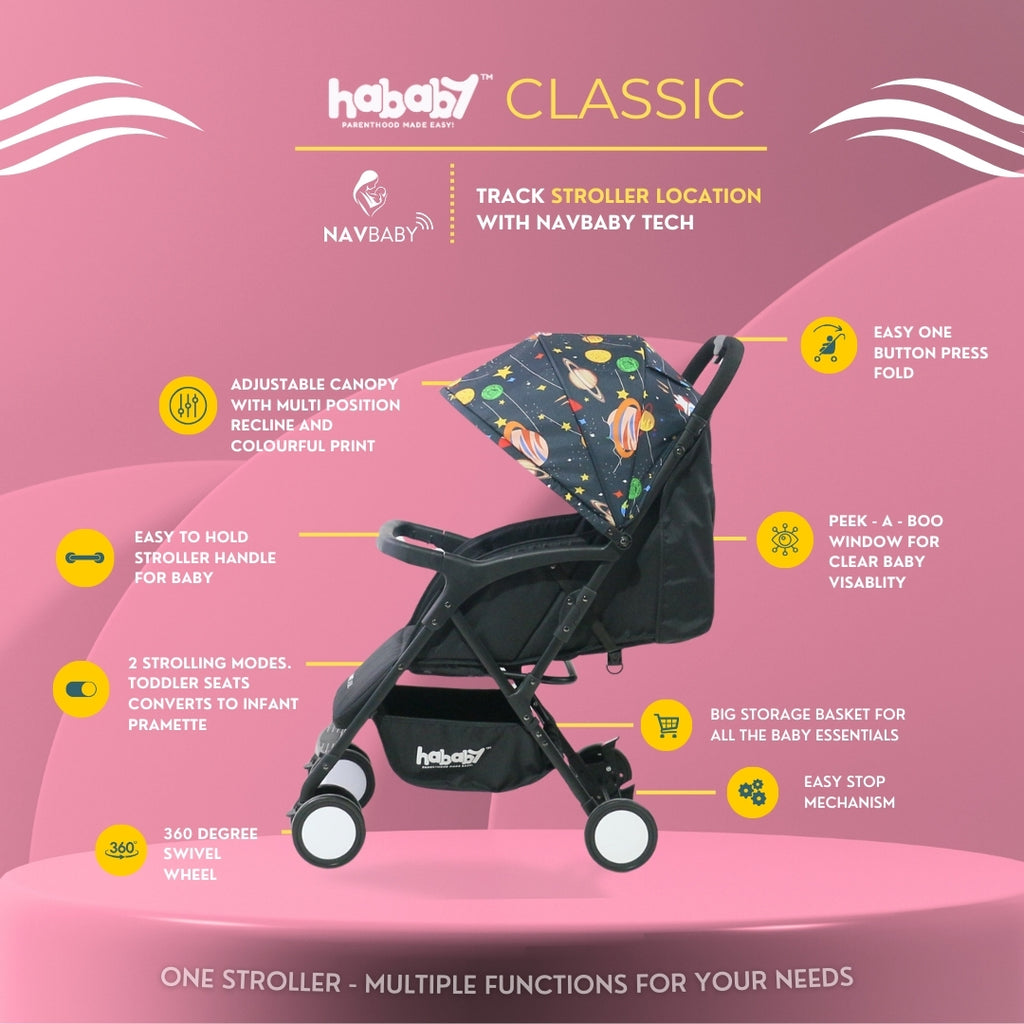 Hababy Classic Baby Stroller with NavBaby GPS | Foldable Lightweight Pram for Newborn/Toddler 0-3 Years